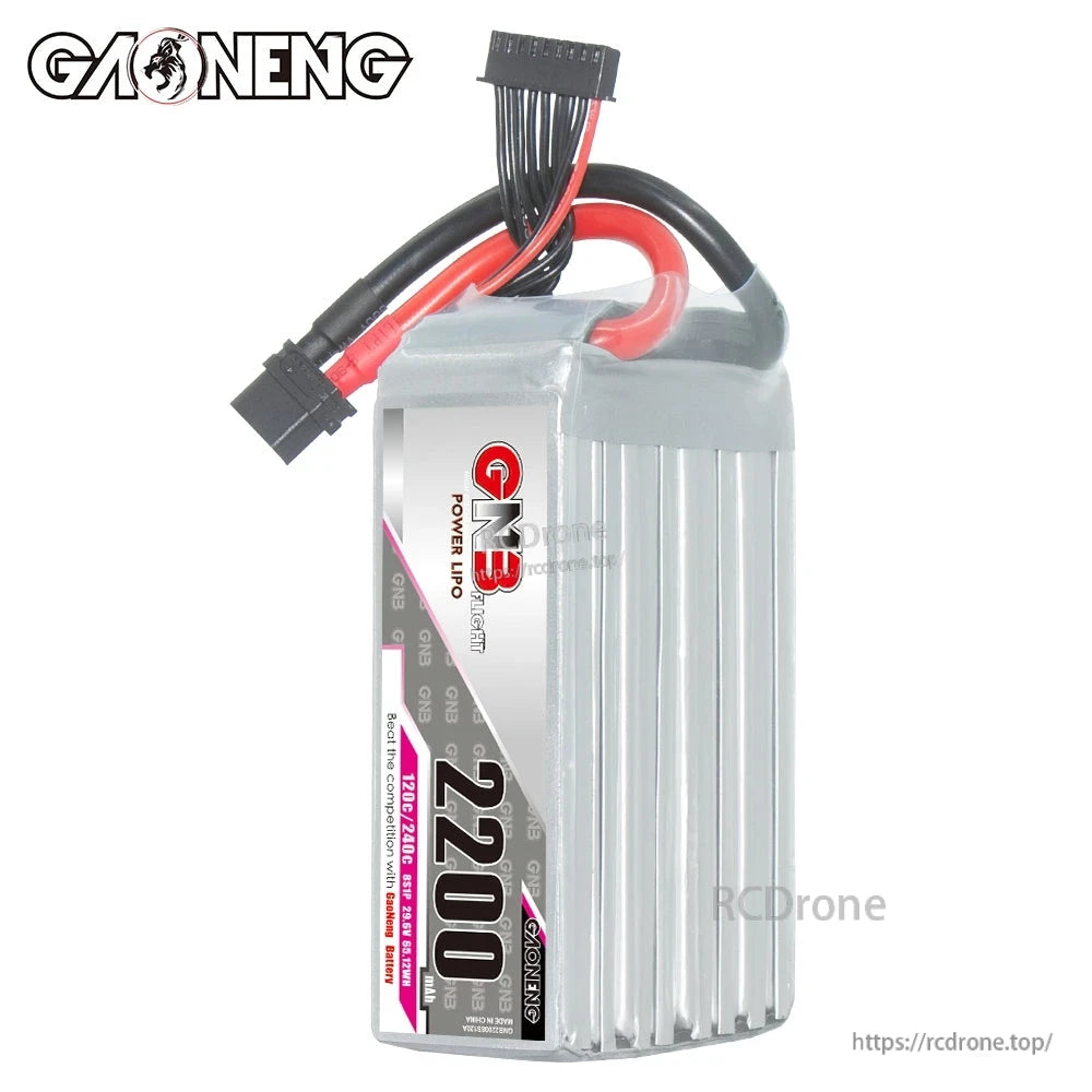 Upright front view of GNB 2200 LiPo battery with XT60 power lead and balance plug