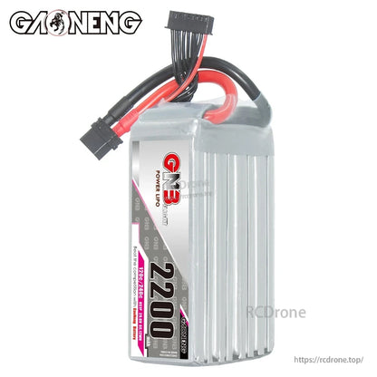 Upright front view of GNB 2200 LiPo battery with XT60 power lead and balance plug