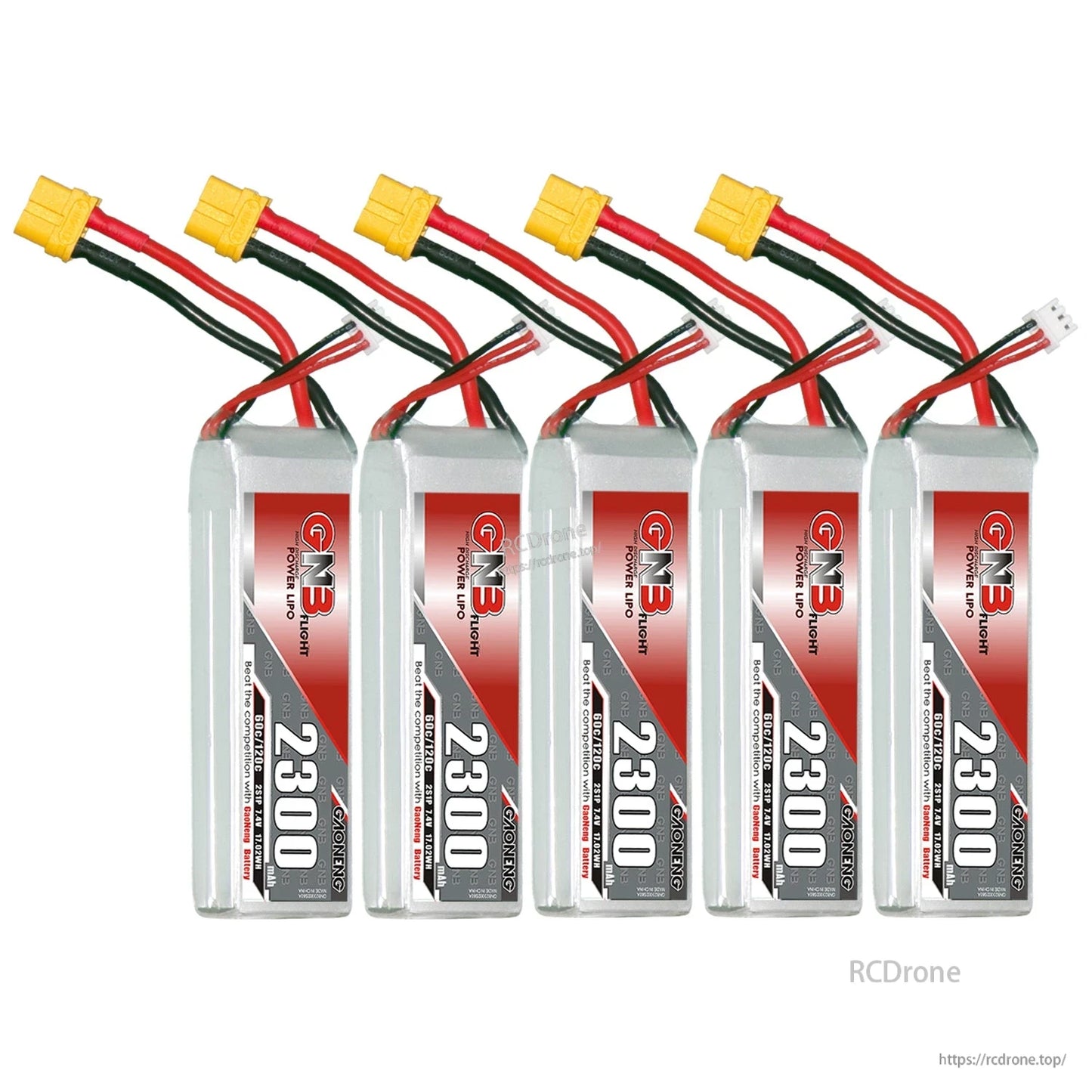 Five-pack set of GN3 2300mAh LiPo batteries with XT60U-F discharge connectors