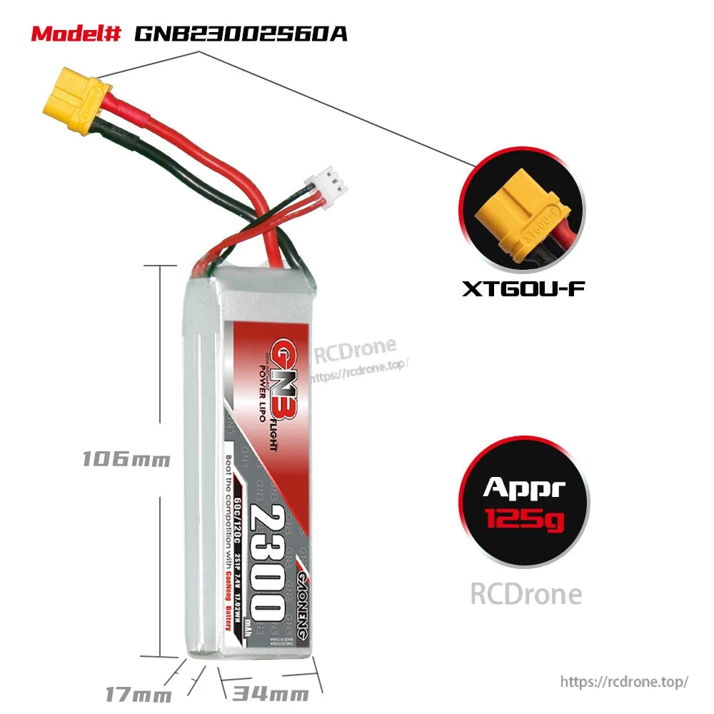 GNB23002S60A size chart showing 106×34×17mm dimensions, XT60U-F plug, approx 125g