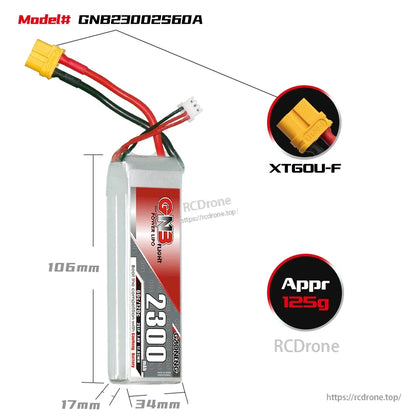 GNB23002S60A size chart showing 106×34×17mm dimensions, XT60U-F plug, approx 125g