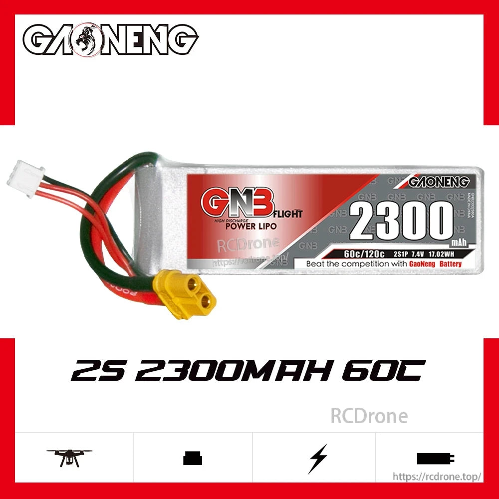 GAONENG 2S 2300mAh 60C LiPo battery label graphic showing pack and model branding