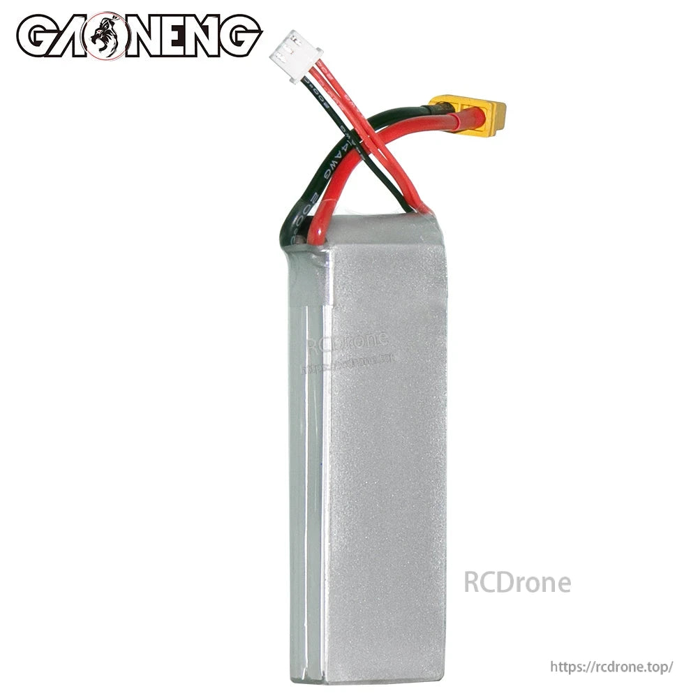 Side view of GAONENG GNB LiPo battery showing silver shrink wrap and lead exit at top