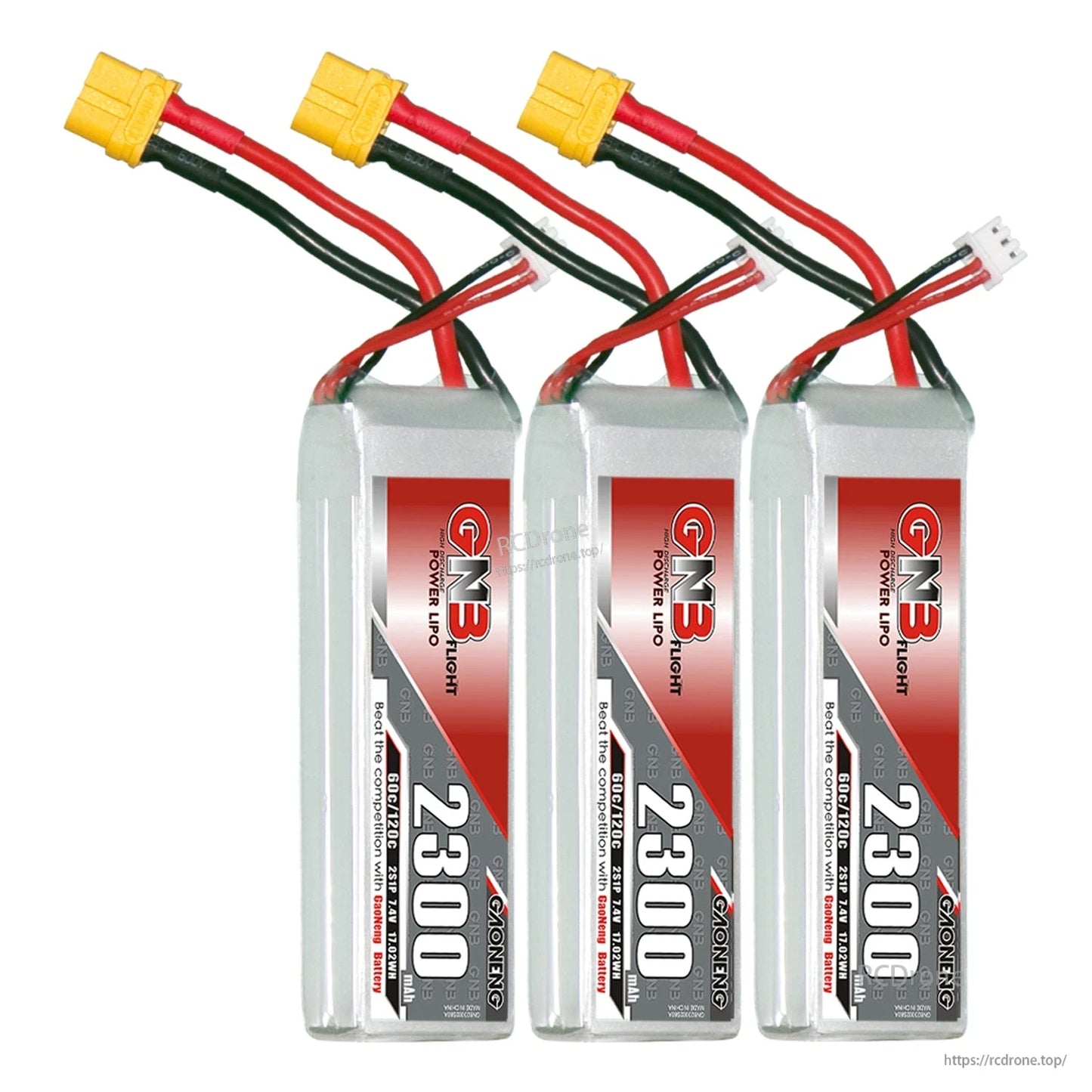 Three-pack set of GN3 2300mAh LiPo batteries with XT60U-F connectors and balance plugs