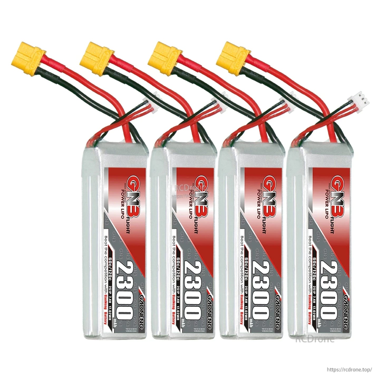 Four-pack set of GN3 2300mAh LiPo batteries lined up with XT60U-F connectors