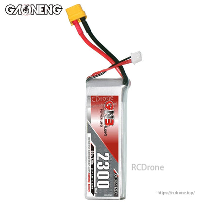Front view of battery with GN3 label, XT60U-F discharge lead and white balance connector