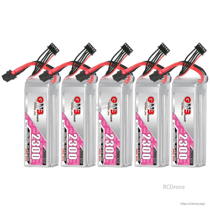 Five-pack bundle of GNB 2300mAh LiPo batteries with XT60 connectors and balance leads, lineup