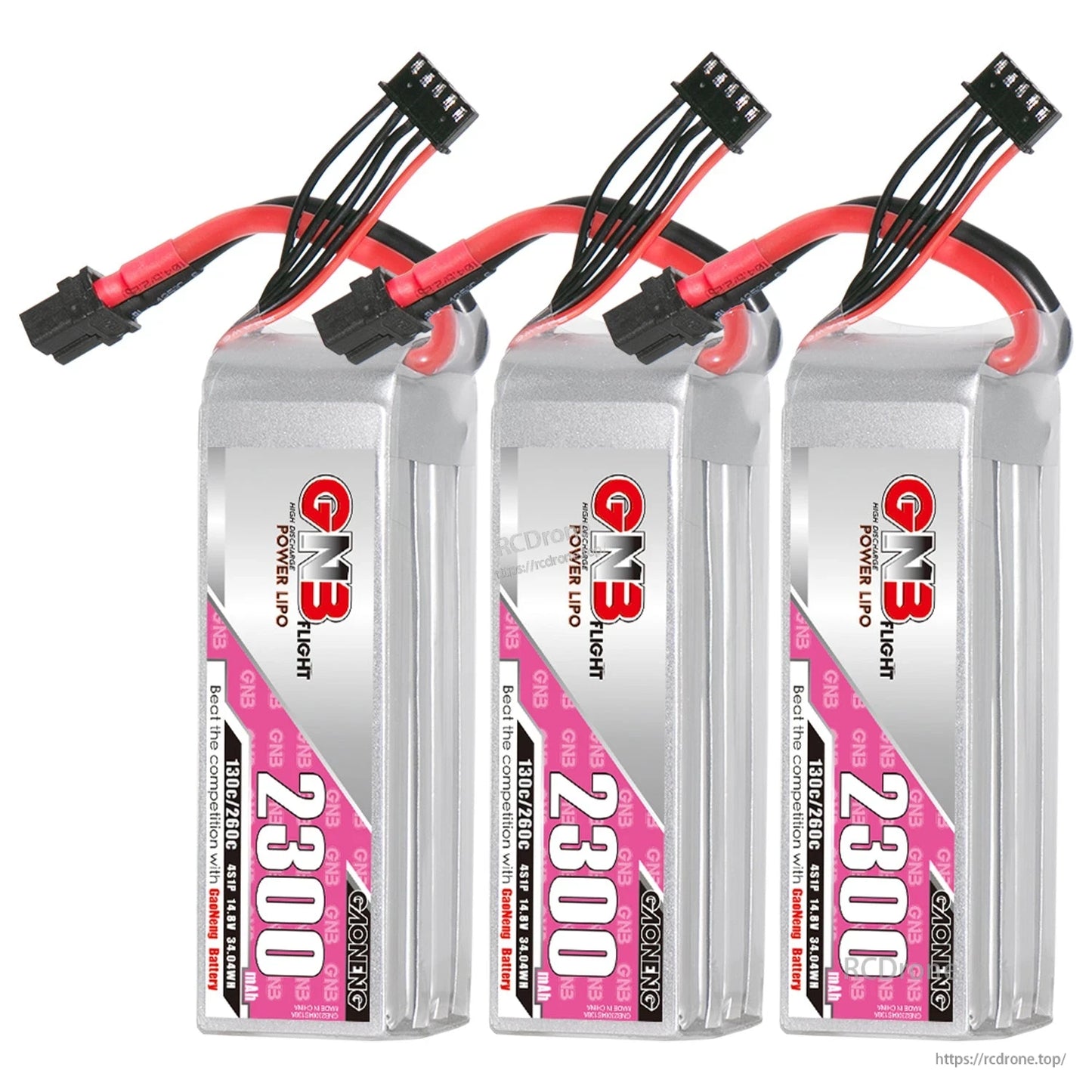 Three-pack set of GNB 2300mAh LiPo batteries, upright view with XT60 connectors and balance leads
