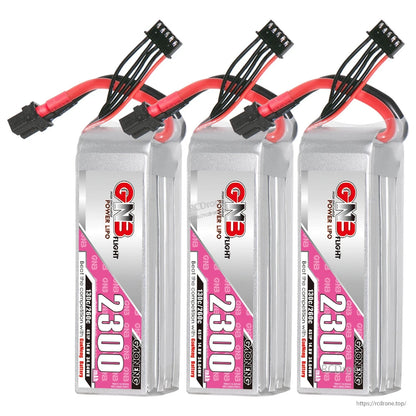 Three-pack set of GNB 2300mAh LiPo batteries, upright view with XT60 connectors and balance leads