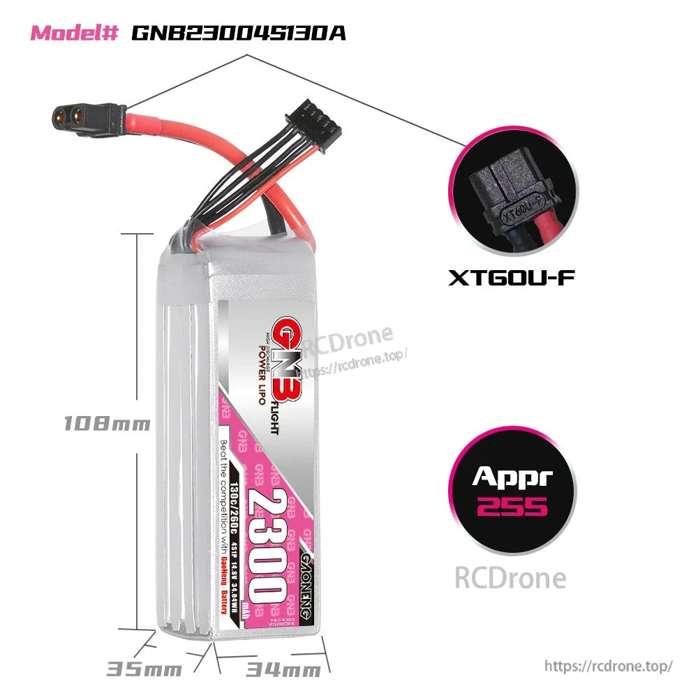 Battery dimensions diagram for GNB23004S130A with connector close-up labeled XT60U-F and size markings
