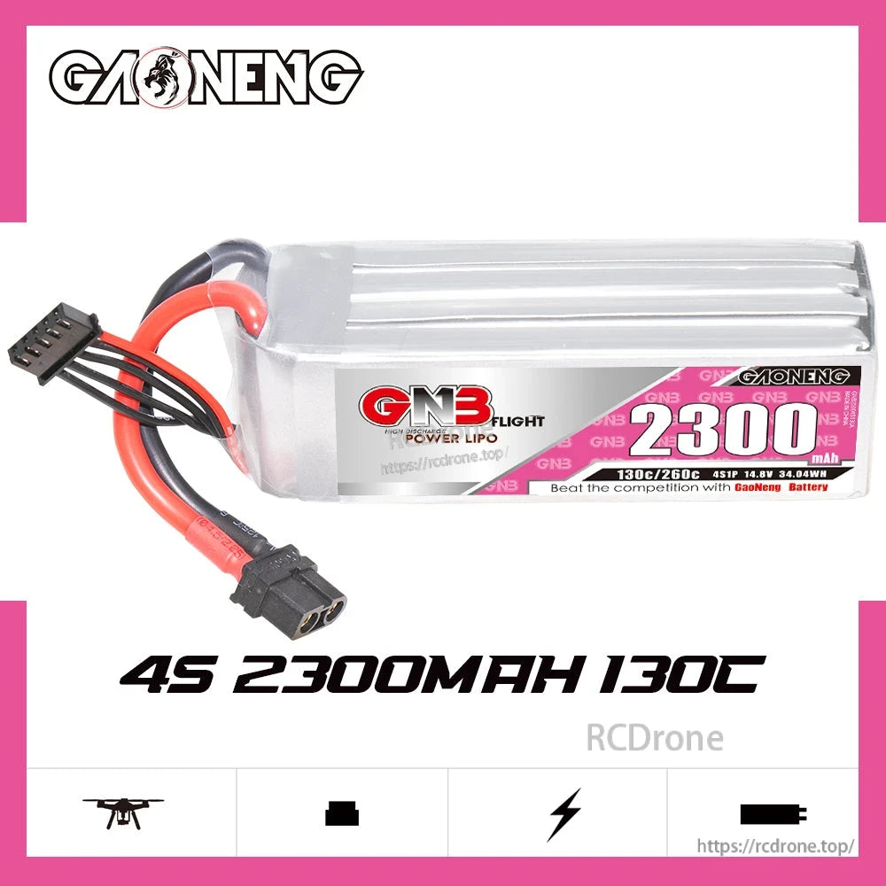 GAONENG GNB23004S130A 4S 2300mAh 130C XT60 LiPo battery banner graphic with specs text