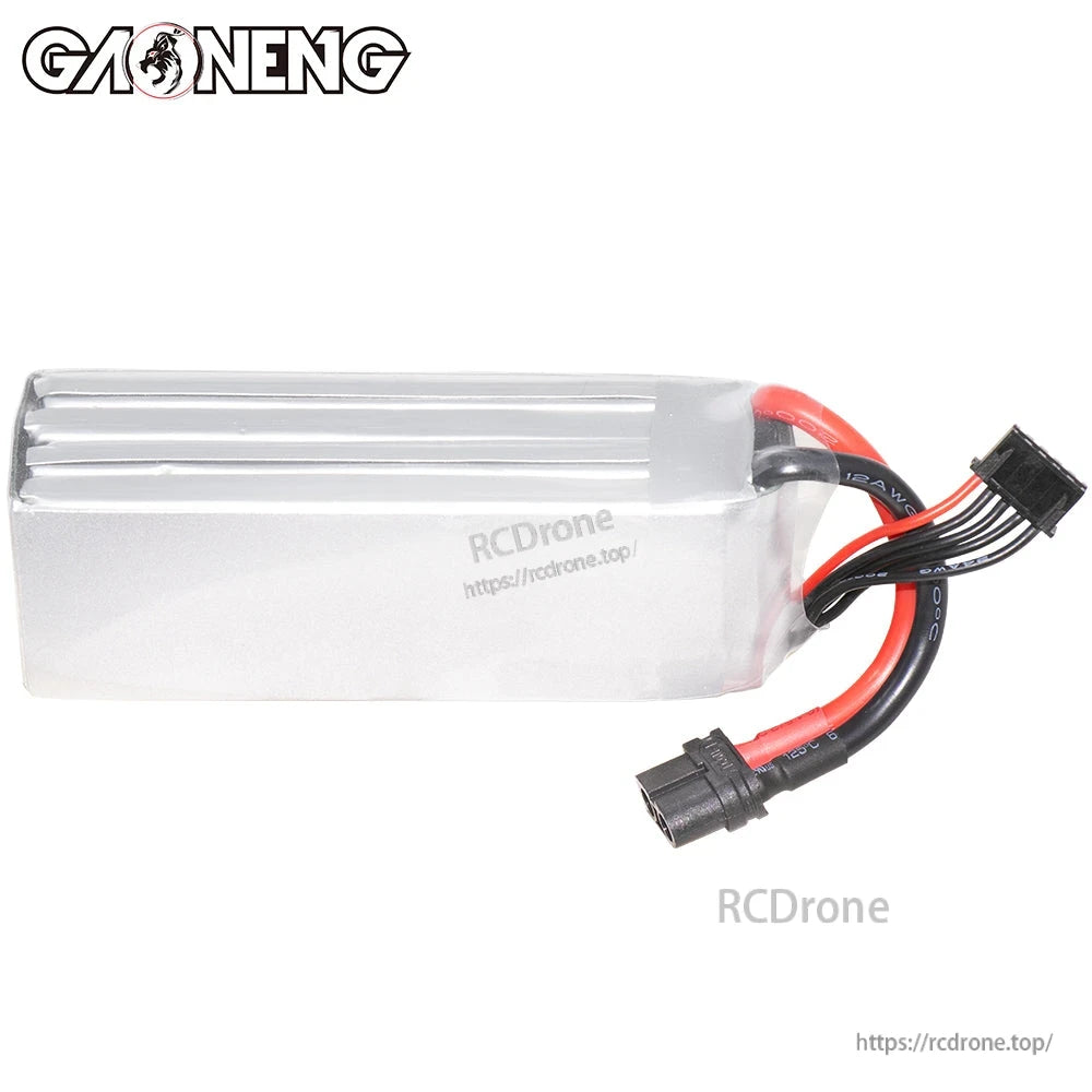 Rear/side view of LiPo battery showing smooth casing and wire exit with XT60 connector and balance lead