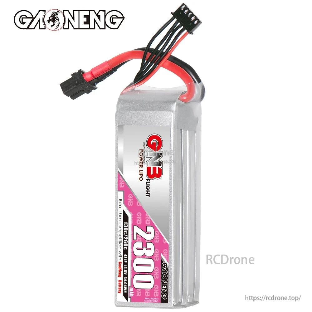 Upright front view of GNB 2300mAh LiPo battery label with XT60 lead and balance plug on top