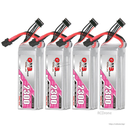 Four-pack set of GNB 2300mAh LiPo batteries with XT60 connectors, lineup on white background