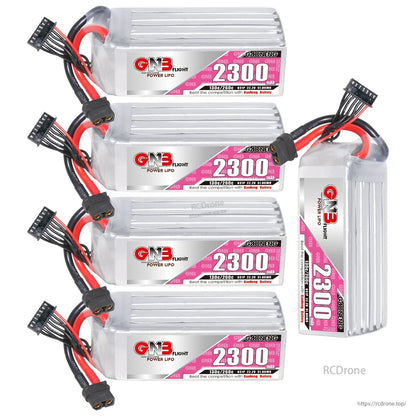 Four GNB 2300mAh LiPo batteries plus one upright battery, showing label and connector orientation