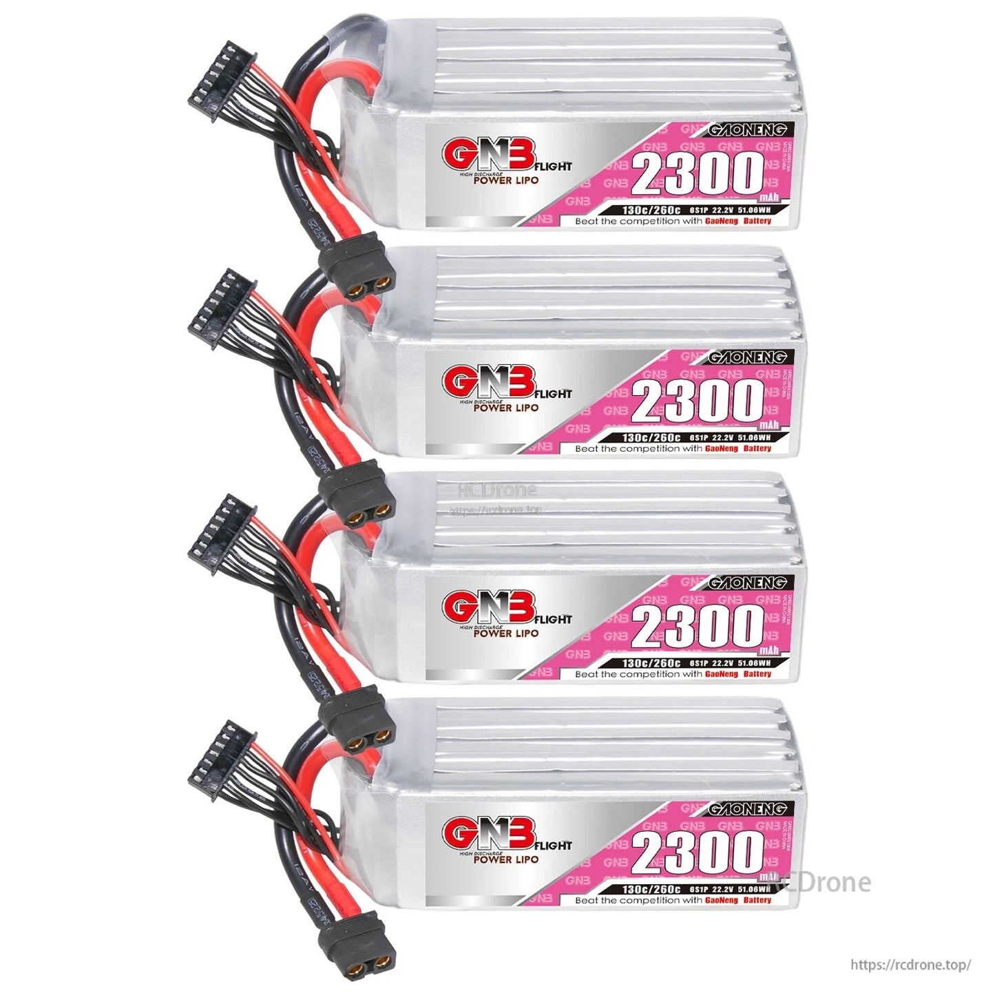 Four GNB 2300mAh LiPo batteries arranged in a column with XT60 plugs and balance leads visible