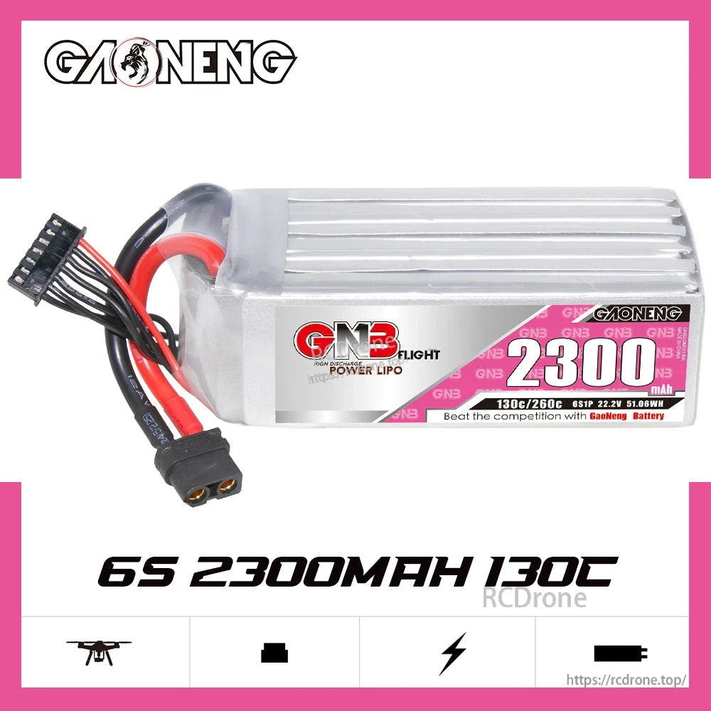GAONENG GNB 6S 2300mAh 130C XT60 LiPo battery side profile graphic with branding and capacity label