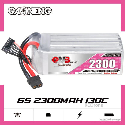 GAONENG GNB 6S 2300mAh 130C XT60 LiPo battery side profile graphic with branding and capacity label