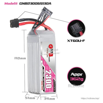 GNB23006S130A battery dimensions diagram 110×51×34mm with XT60U-F connector close-up and 362g note