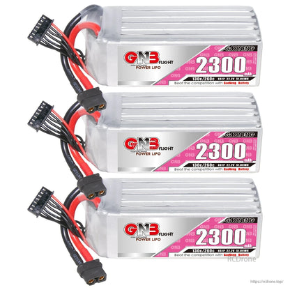 Three GNB 2300mAh LiPo batteries stacked, showing labels, XT60 connectors, and balance plugs