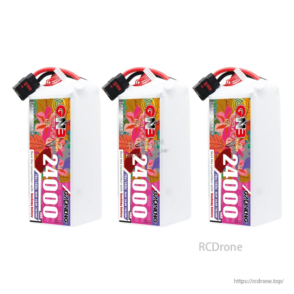 Three GAONENG 24000mAh LiPo batteries shown upright with QS8 connectors