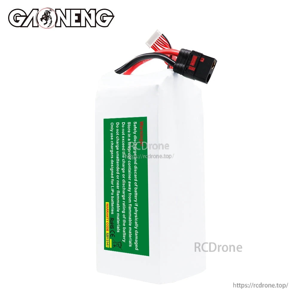 Rear side of LiPo pack showing green safety warning label and QS8 discharge lead