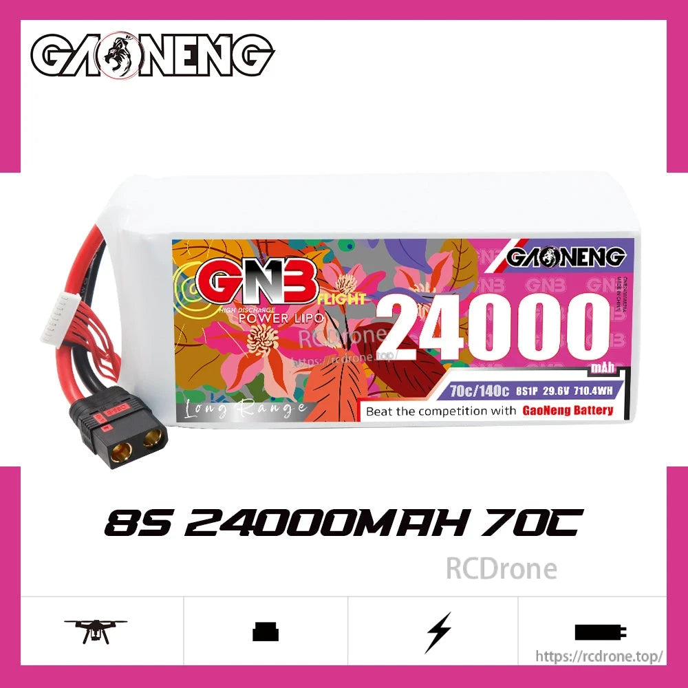 GAONENG GNB 8S 24000mAh 70C LiPo battery product graphic with specs shown (29.6V, 710.4Wh)