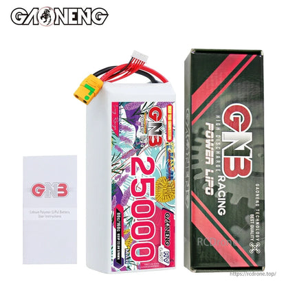 Package contents: GNB 25000mAh HV LiPo battery, retail box, and user instructions booklet