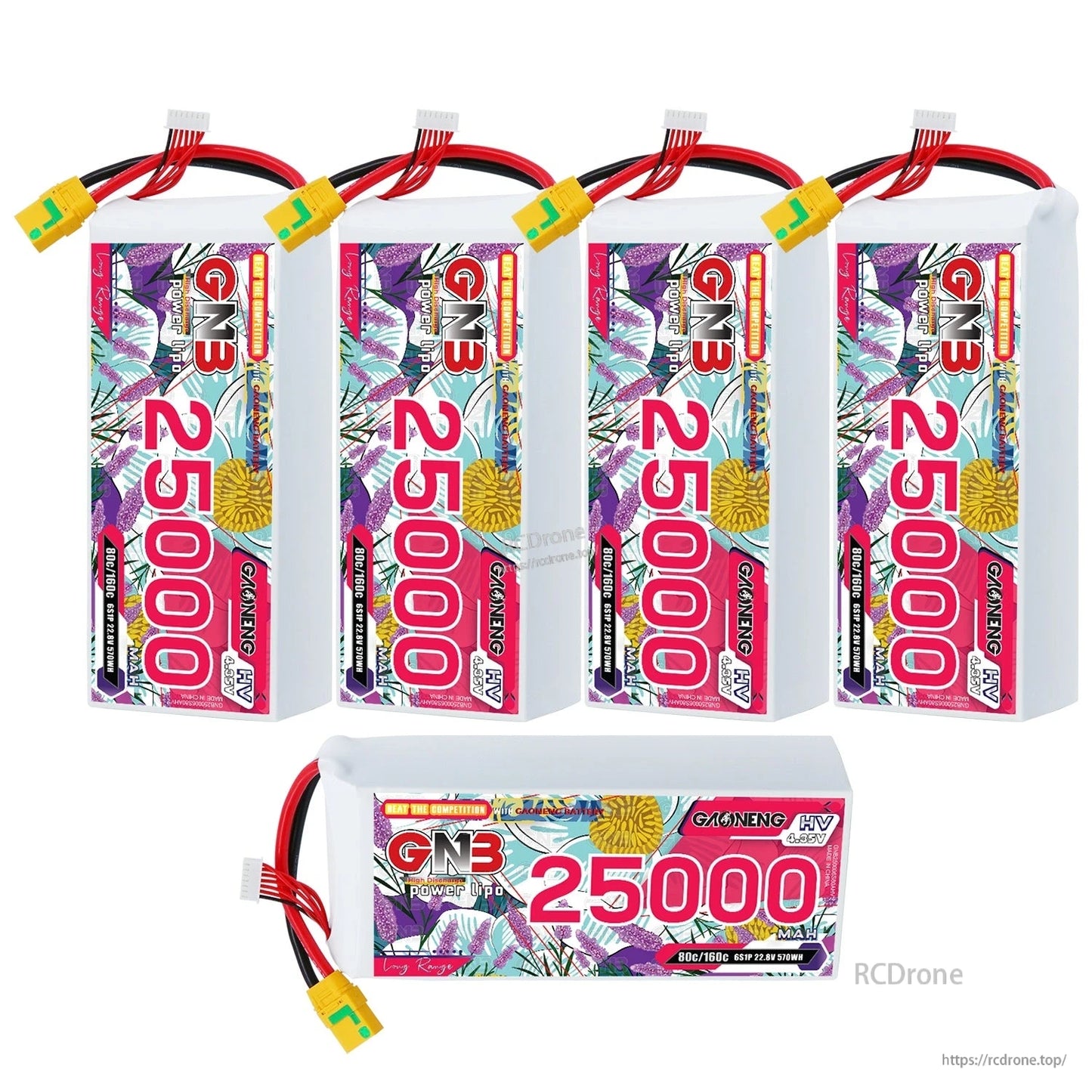 Five GAONENG GNB 25000mAh HV LiPo batteries shown (four upright, one horizontal) with XT90S plugs