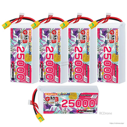 Five GAONENG GNB 25000mAh HV LiPo batteries shown (four upright, one horizontal) with XT90S plugs