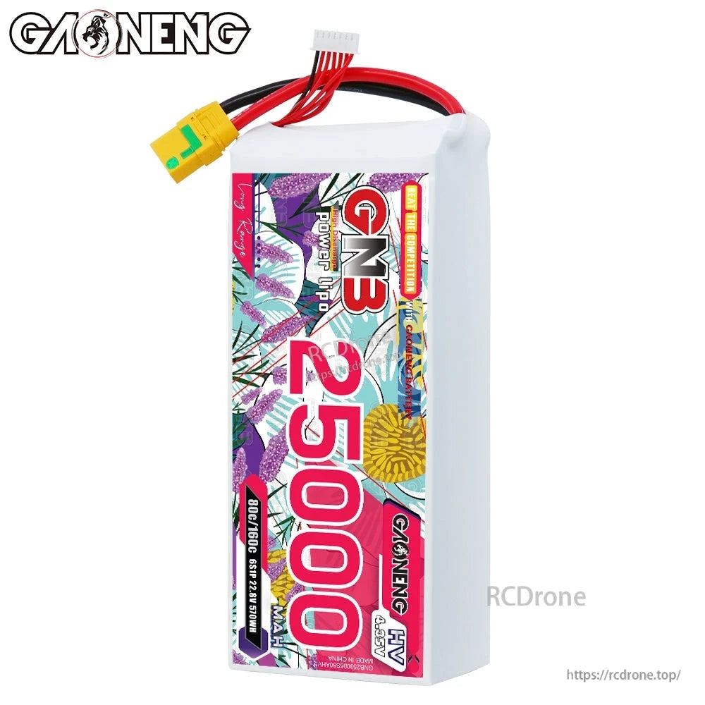Front label view of GAONENG GNB 25000mAh HV LiPo battery with lead wires and balance connector