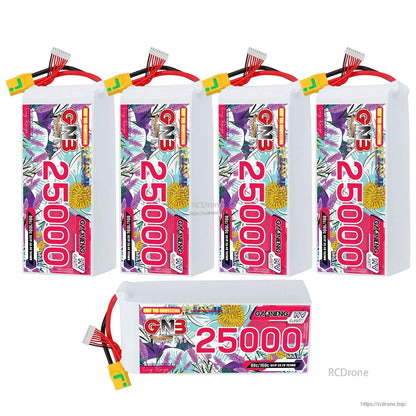 GAONENG GNB 25000mAh HV LiPo multipack display with four upright packs and one horizontal pack