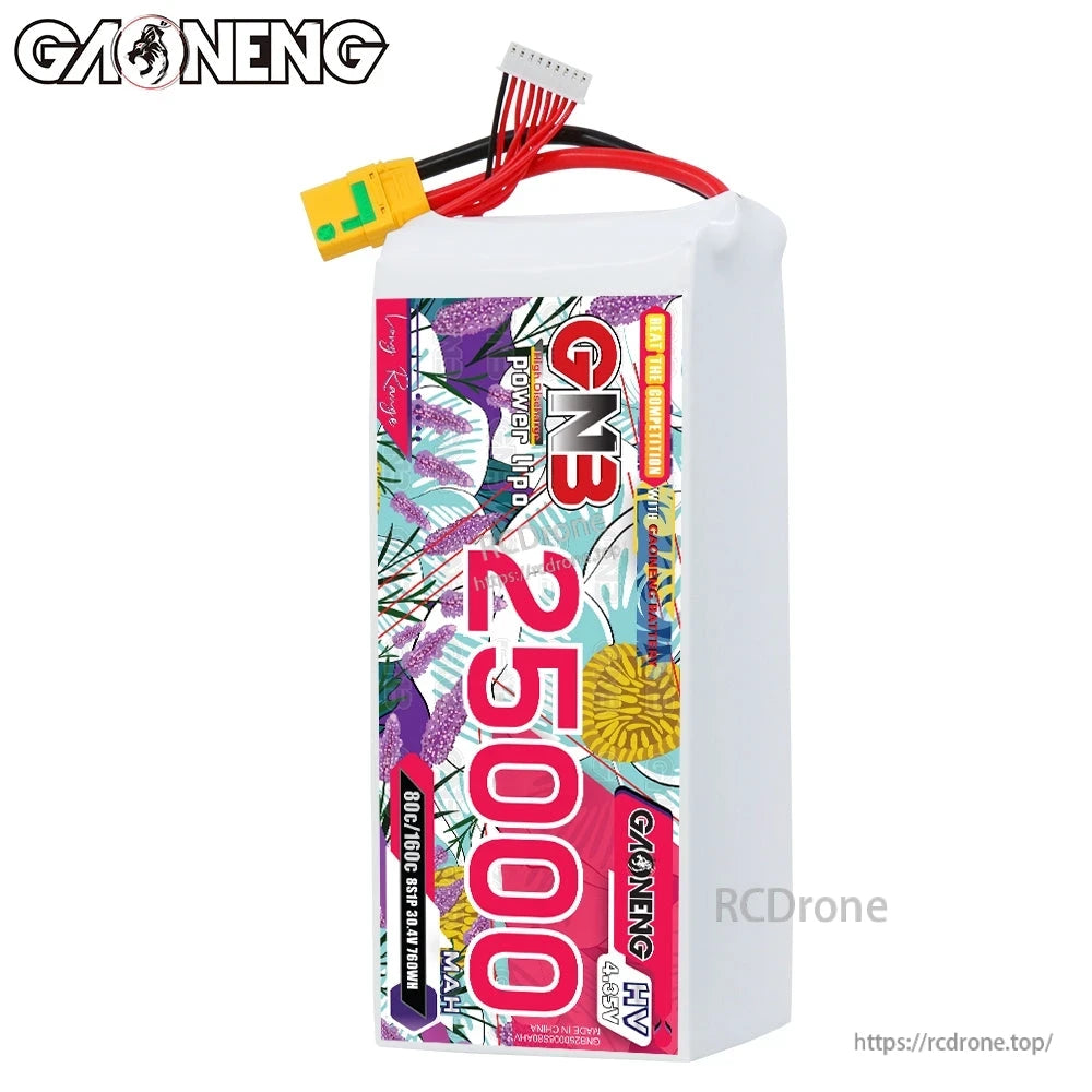 Tall side view of GAONENG GNB 25000mAh HV LiPo battery showing full label and top wires