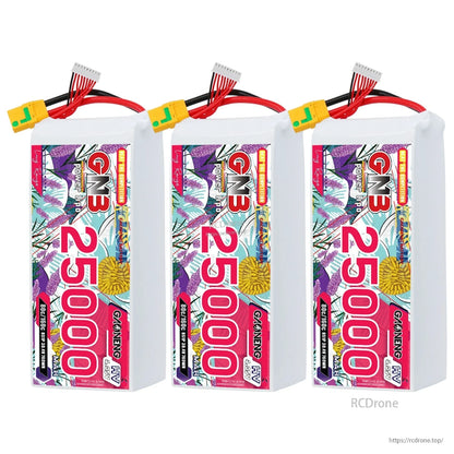 Three GAONENG GNB 25000mAh HV LiPo battery packs lineup with XT90S anti-spark connectors