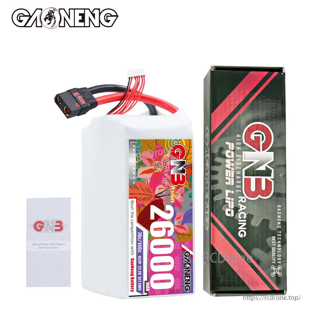 Package contents: GAONENG 26000mAh battery, GNB retail box, and instruction leaflet
