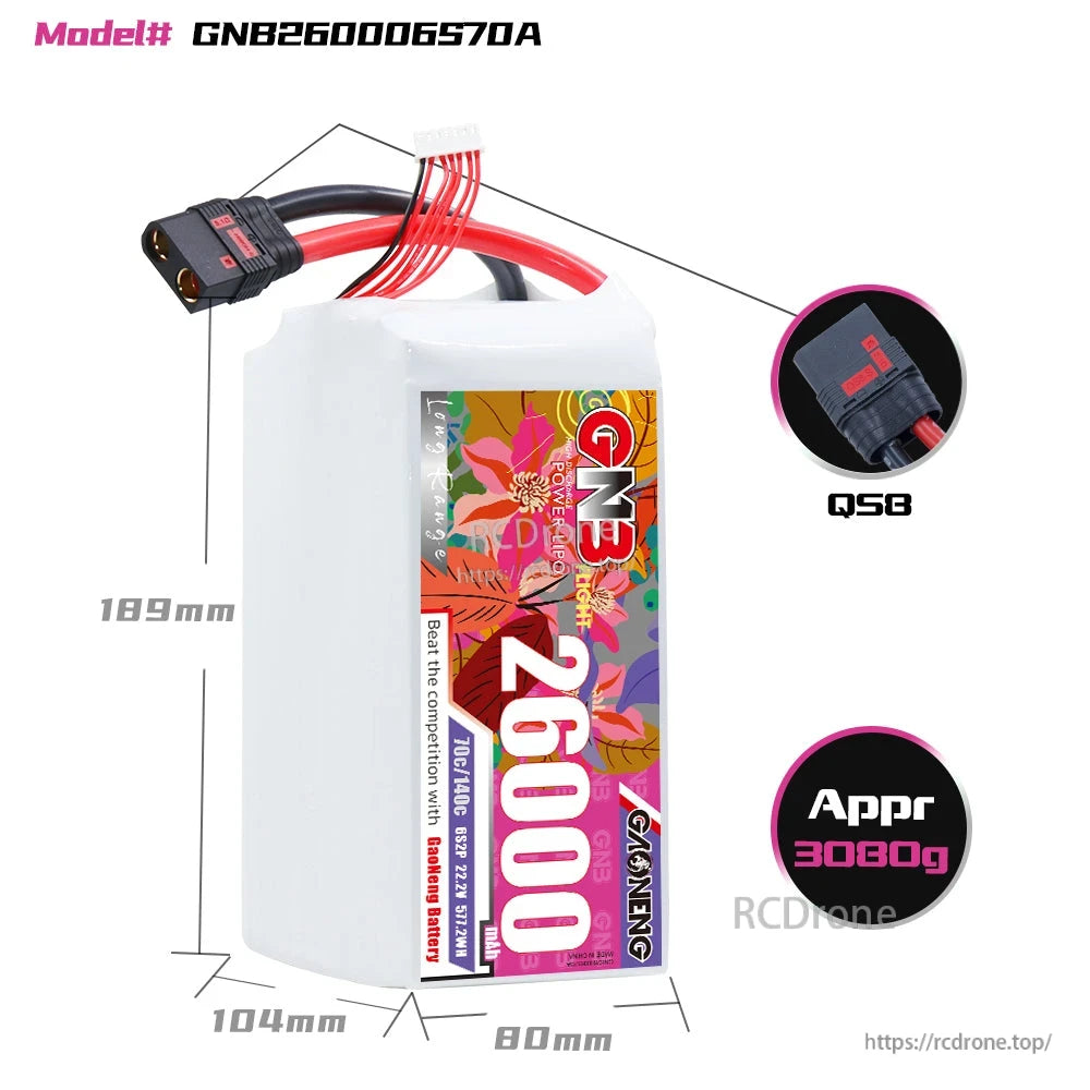Battery dimensions diagram for model GNB260006S70A with QS8 connector and approx weight 3000g