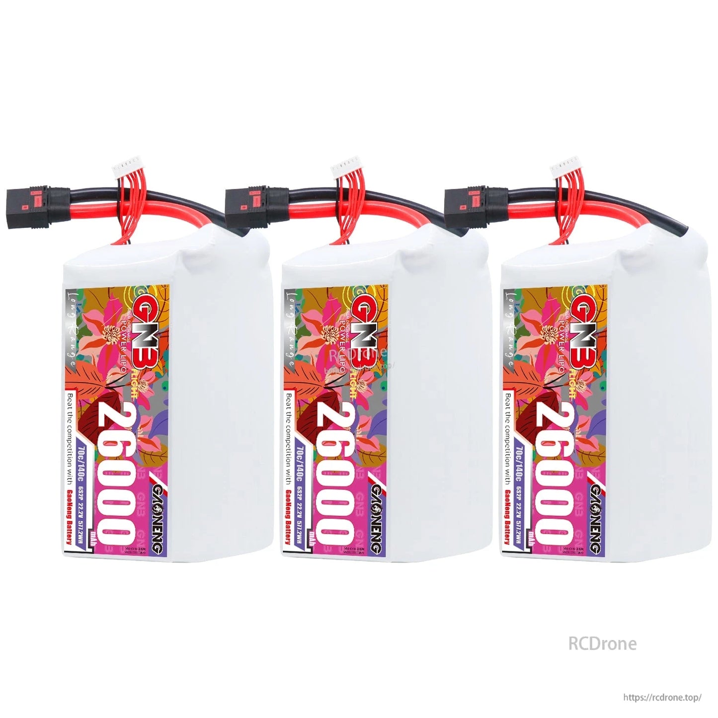 Three 26000mAh LiPo battery packs lined up, each with QS8 connector and balance lead