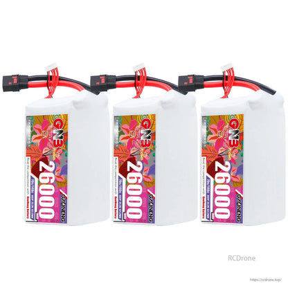 Three 26000mAh LiPo battery packs lined up, each with QS8 connector and balance lead