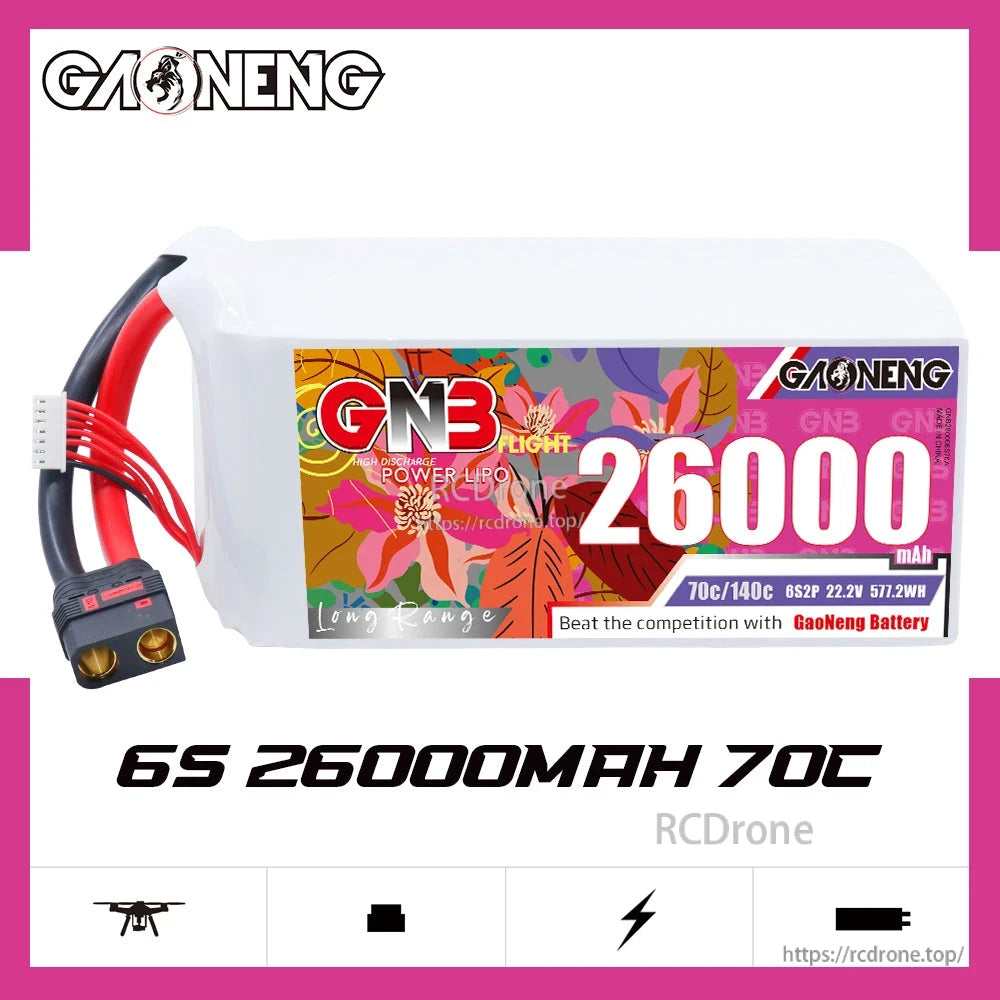 GAONENG 6S 26000mAh 70C LiPo battery side label view with QS8 connector lead