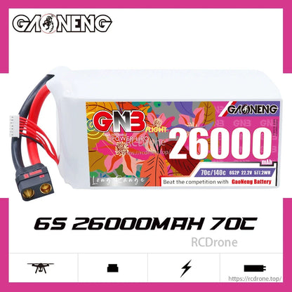 GAONENG 6S 26000mAh 70C LiPo battery side label view with QS8 connector lead