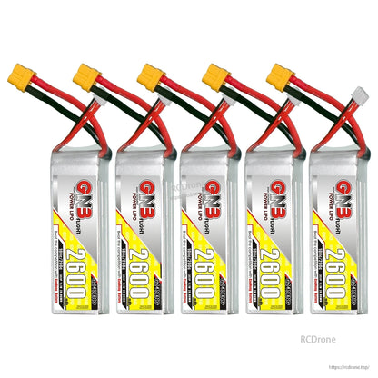 Five GNB 2600mAh LiPo batteries lineup with XT60 connectors and balance leads