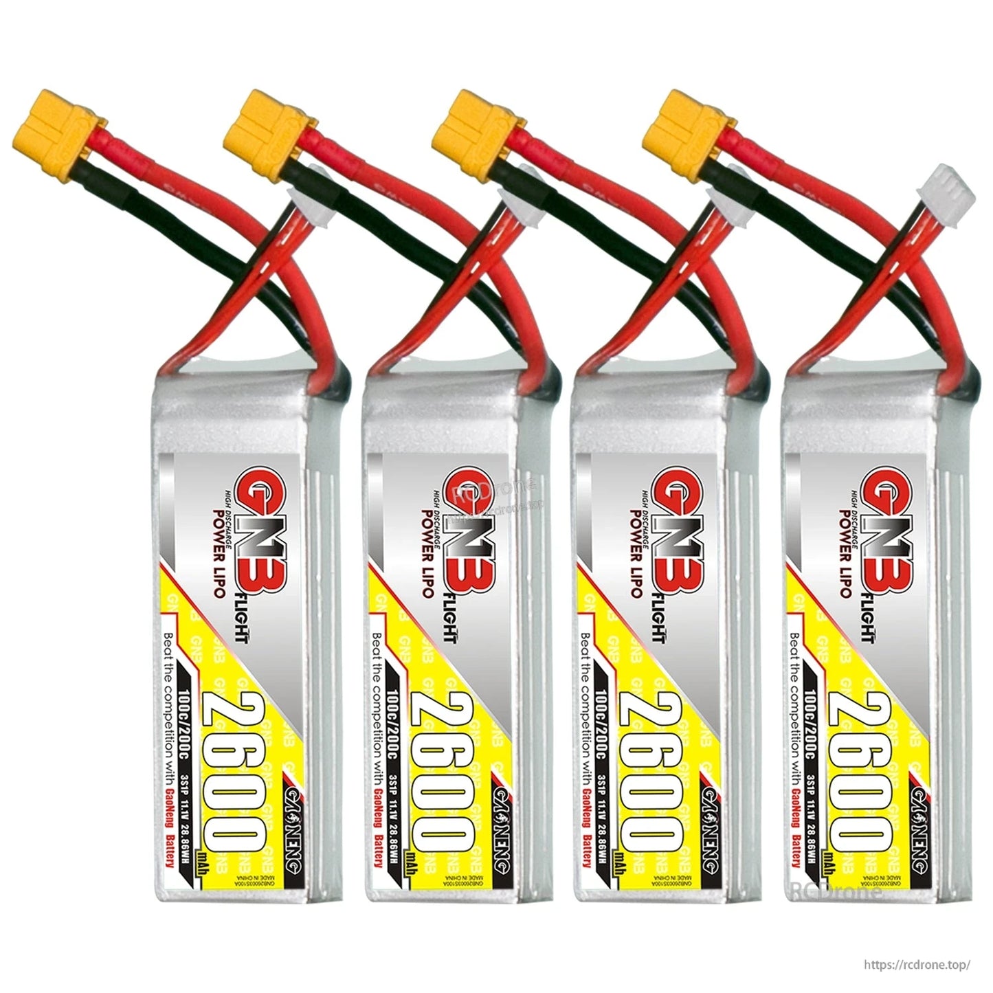 Four GNB 2600mAh LiPo batteries lineup with XT60 connectors and white balance plugs