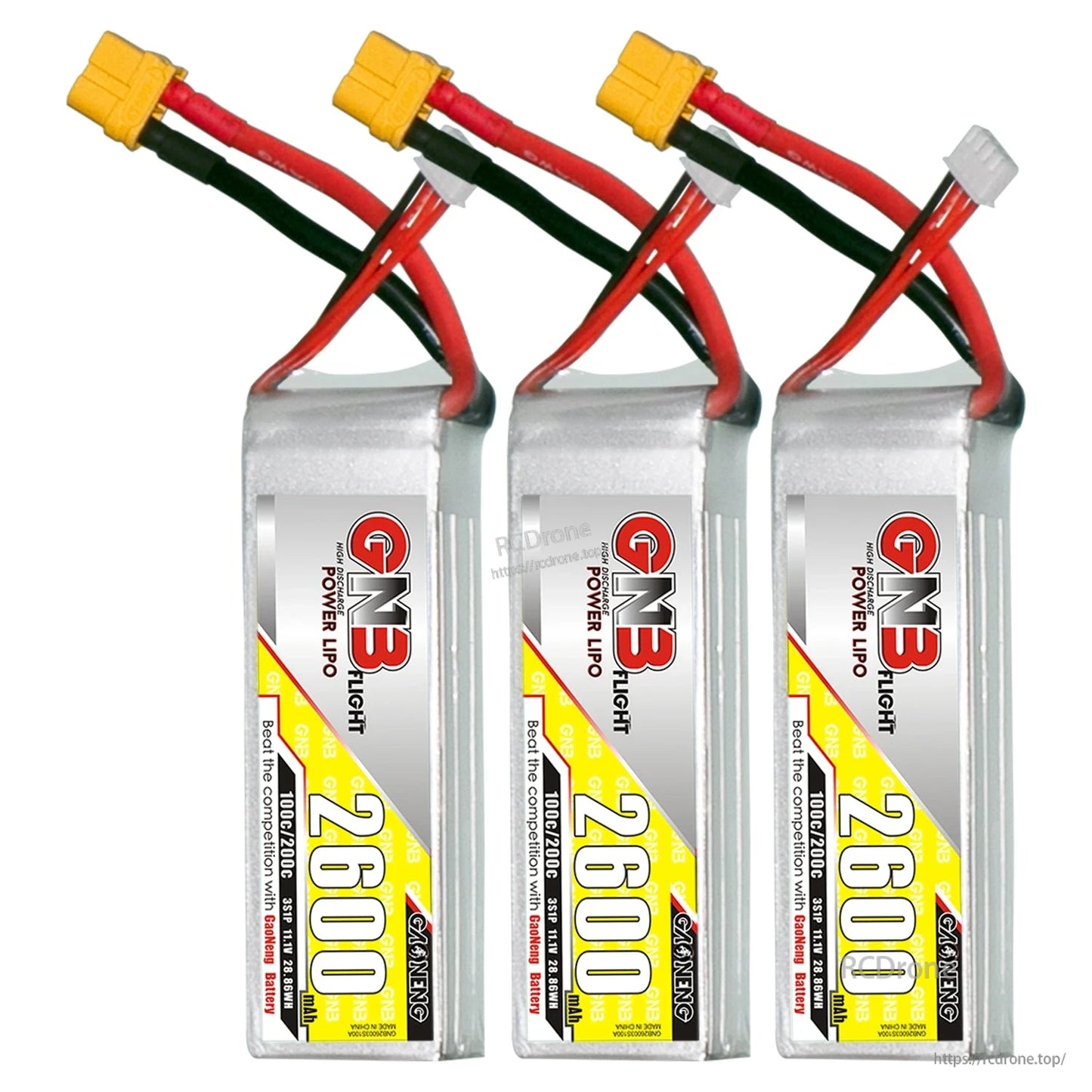 Three GNB 2600mAh LiPo batteries lined up, each with XT60 connector and balance plug