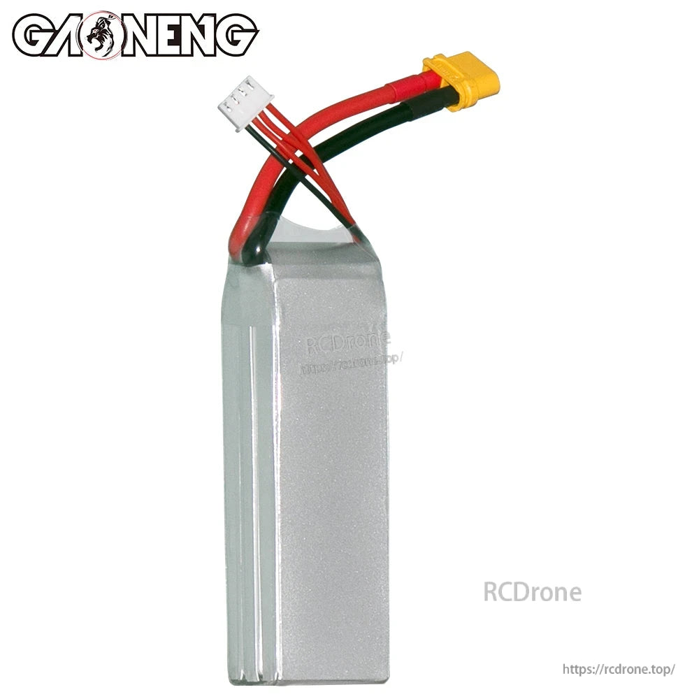 Rear/side view of GAONENG LiPo battery showing plain silver wrap with XT60 and balance wires