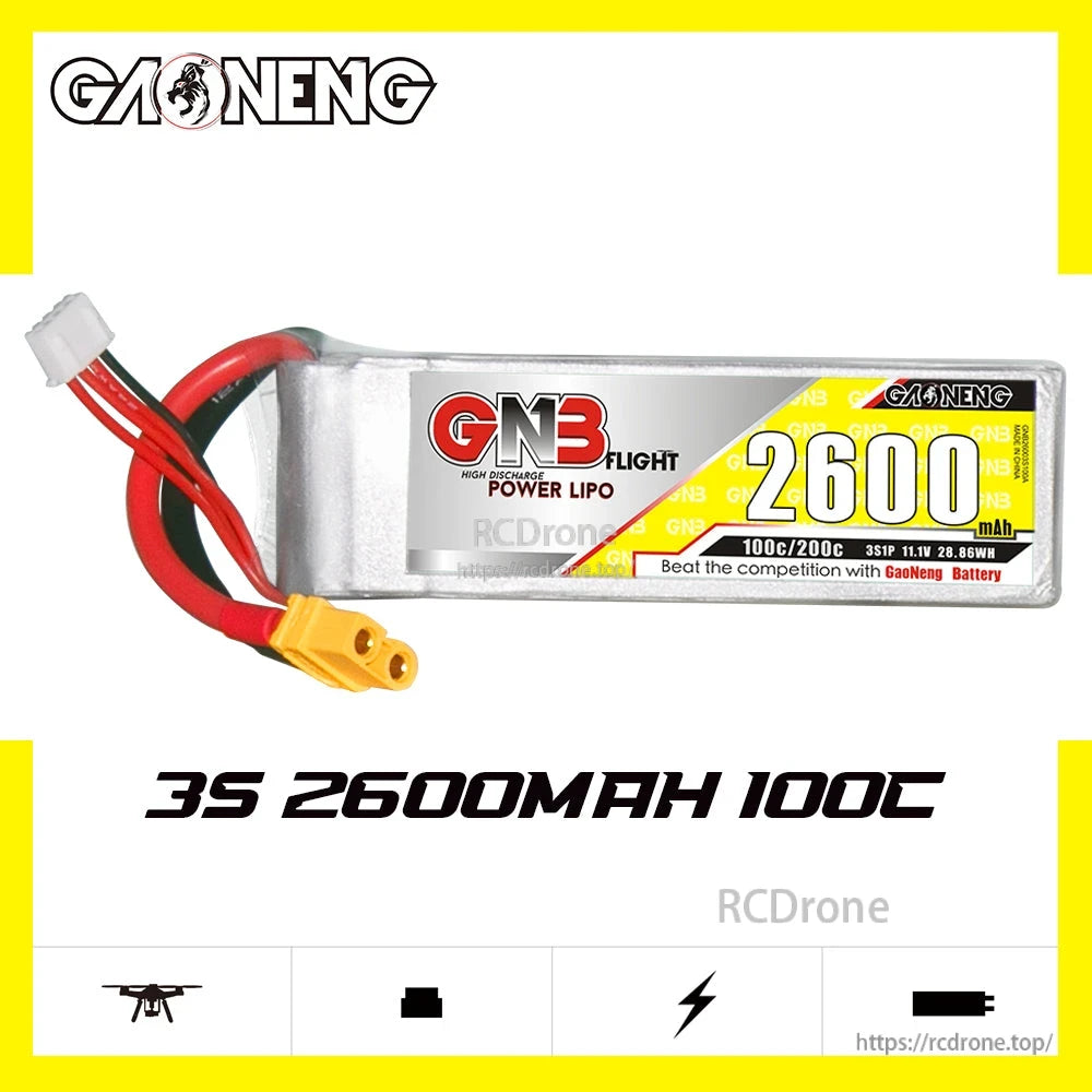 GAONENG GNB 3S 2600mAh 100C LiPo battery banner graphic with product photo and specs text