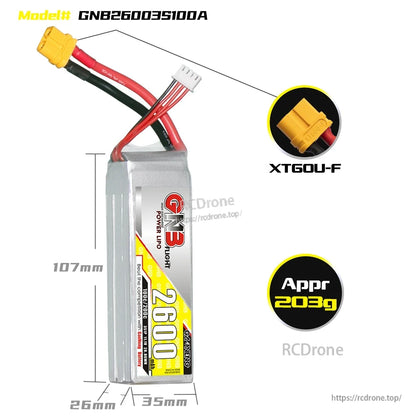 GNB26003S100A size and weight diagram showing 107×35×26mm, approx 203g, XT60U-F connector