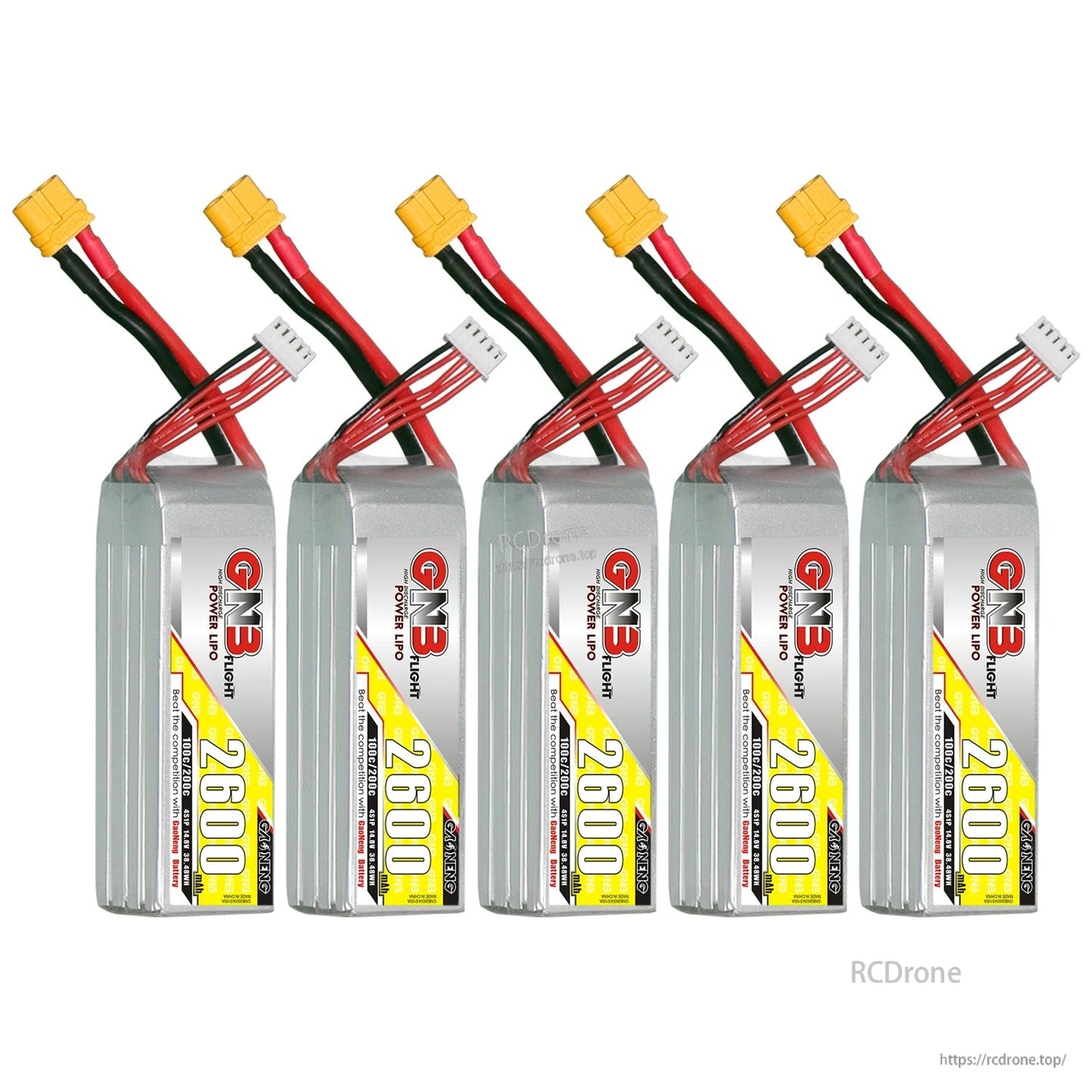 Five GNB 2600 LiPo batteries shown in a row with XT60 plugs and balance connectors