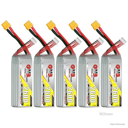 Five GNB 2600 LiPo batteries shown in a row with XT60 plugs and balance connectors