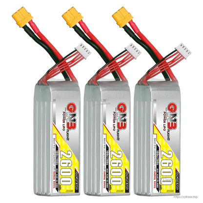 Three GNB 2600 LiPo batteries shown together with XT60 connectors and balance leads