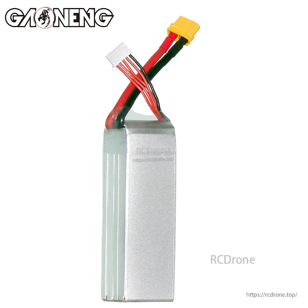 Side profile of GAONENG LiPo battery showing silver casing and top wire exit